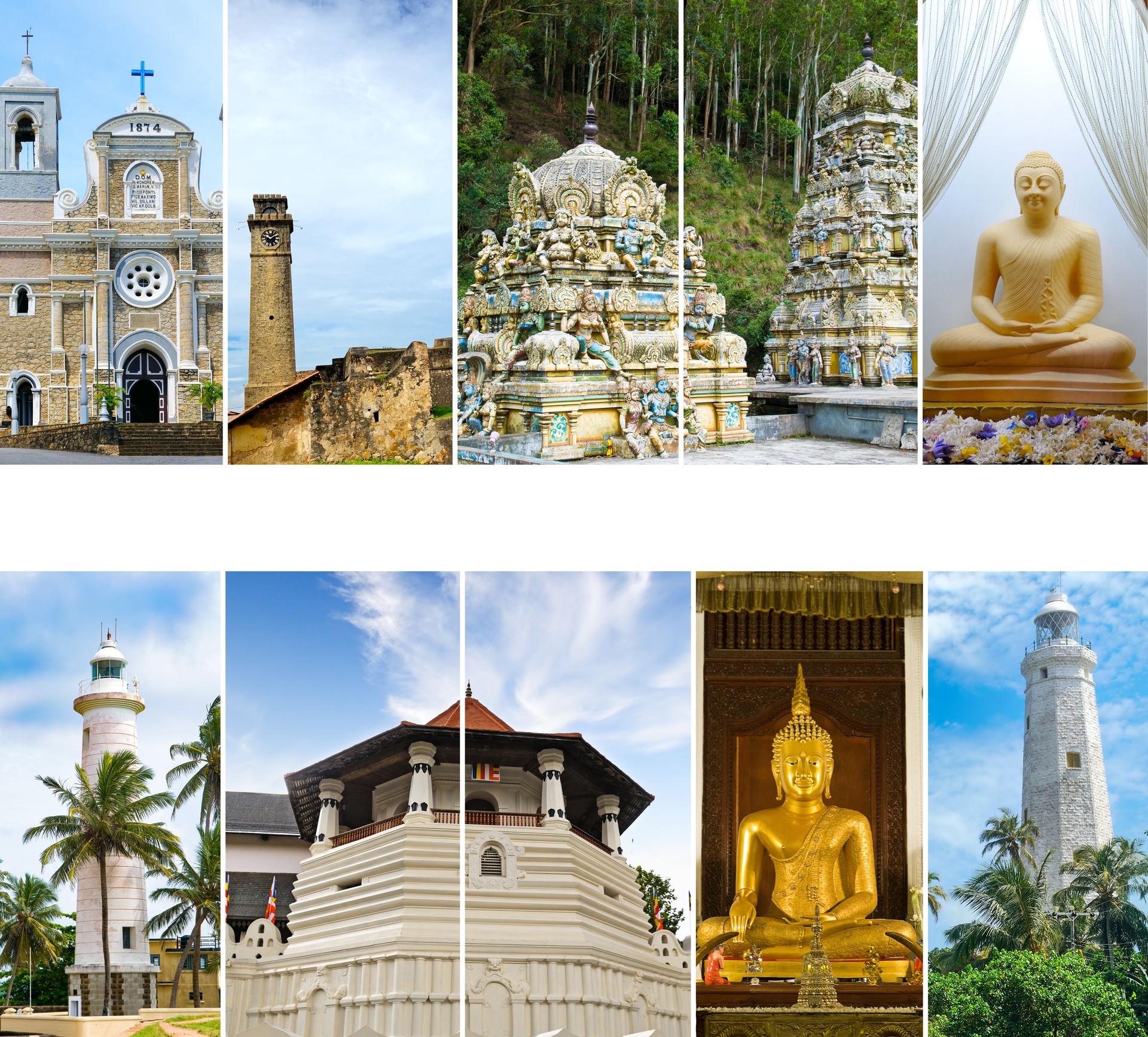 Architectural attractions of Sri Lanka: lighthouses, temples, fort. Collage.